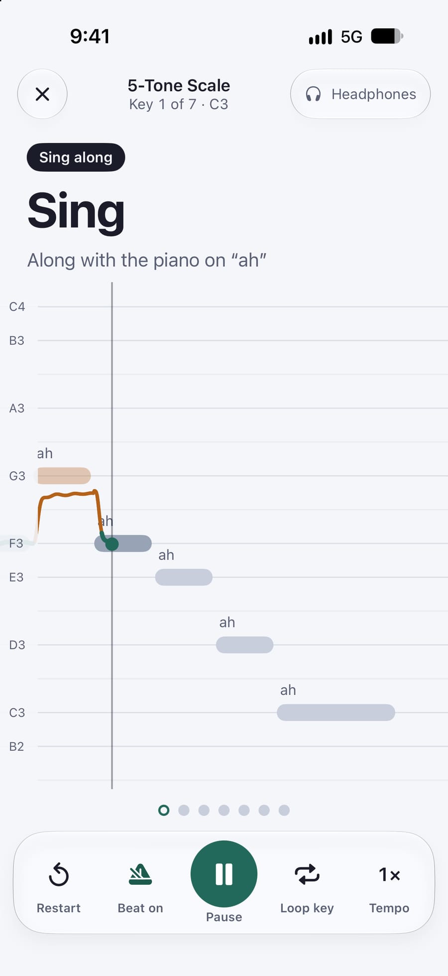 The player mid-exercise: note bars scroll past and the voice draws a line through them, teal in tune and amber where it was a little flat