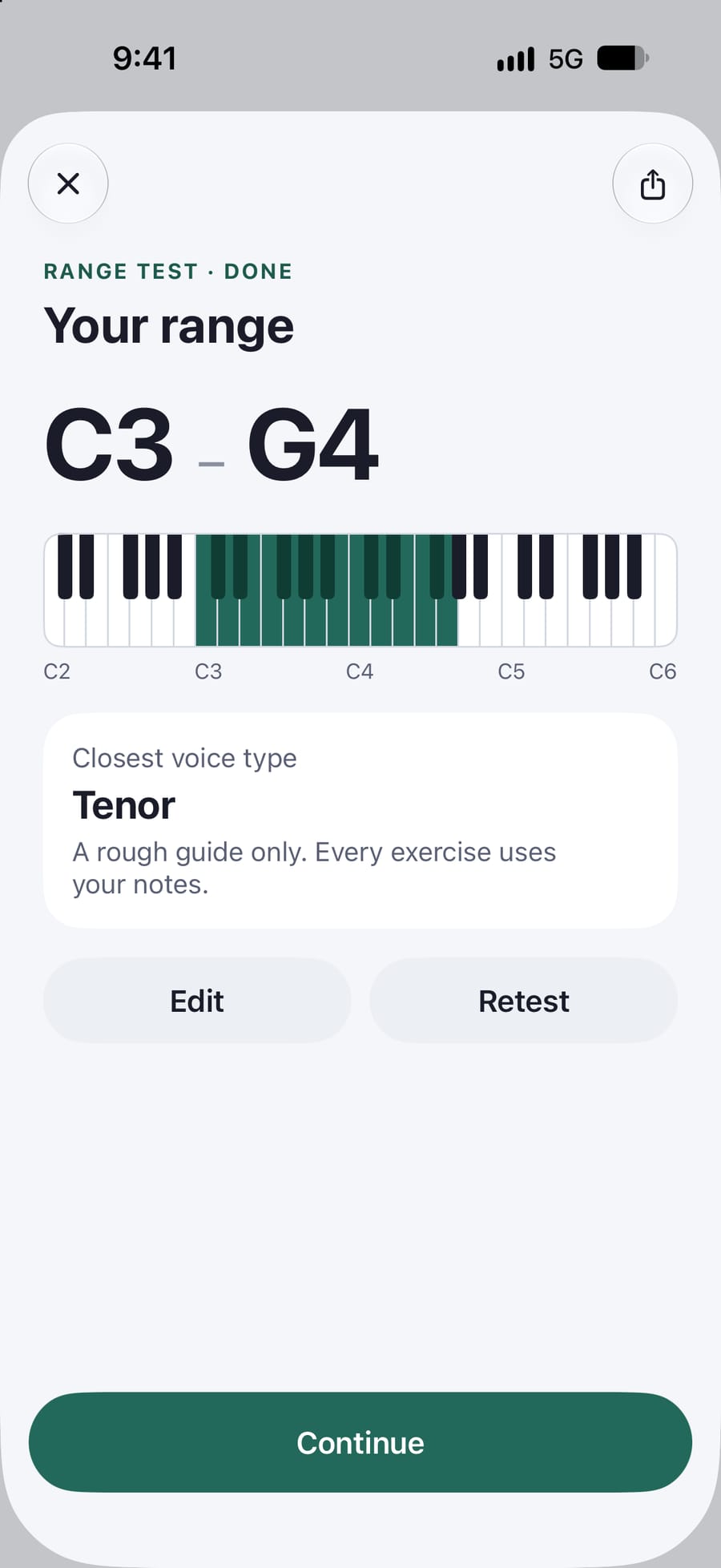 The range test’s result: C3 to G4 on a keyboard, closest voice type tenor